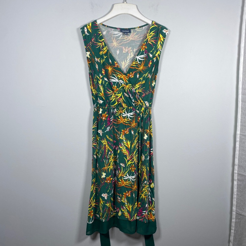 ModCloth Faux Wrap Dress Women's XS Green Tropical Botanical Floral Resort Beach